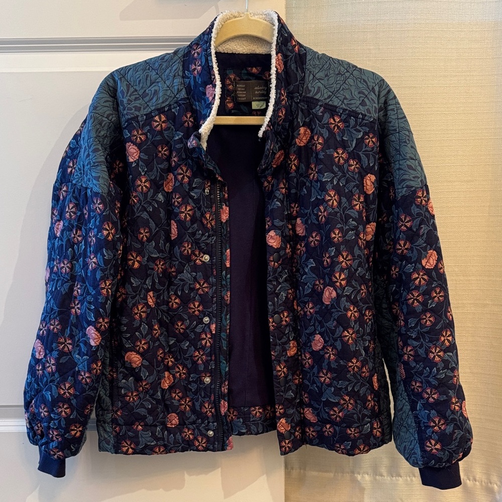 Anthropologie Quilted Floral Navy Jacket with Pink Rose Accents